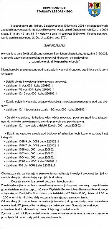 Ogłoszenie Starosty Lęborskiego